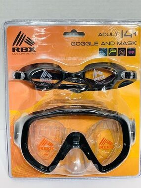 NEW RBX 2pc Adult 14+ Black Swim Goggles and Mask Set | Swimming Beach Pool Gear